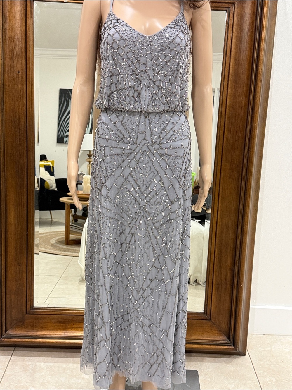 Adrianna Papell Silver-Gray Beaded Maxi Dress Size 10
